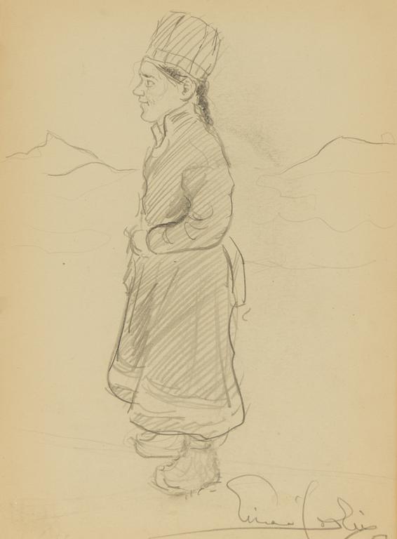Einar Jolin, Stående samekvinna, Elegant dam i profil a tergo.