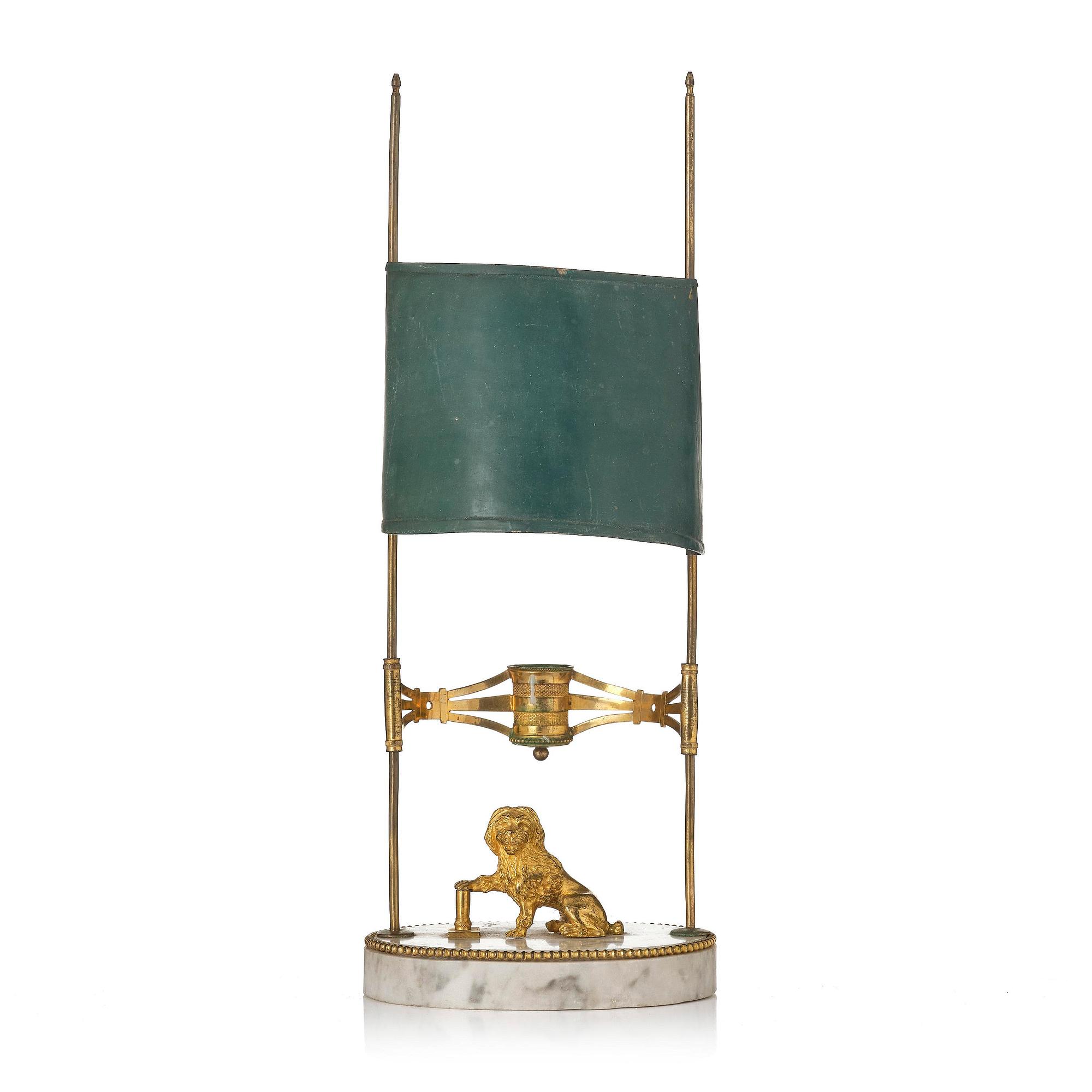 A late Gustavian gilt brass, marble and tole reading lamp, late 18th century.
