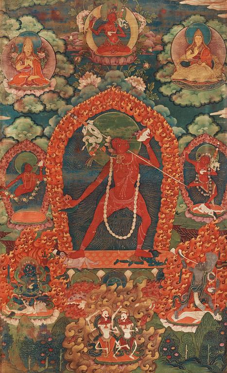 THANGKA, Tibet, 1800-tal. Centralt motiv med Vajrayogini.