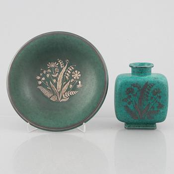 Wilhelm Kåge, an 'Argenta' stoneware vase and a dish, Gustavsberg.