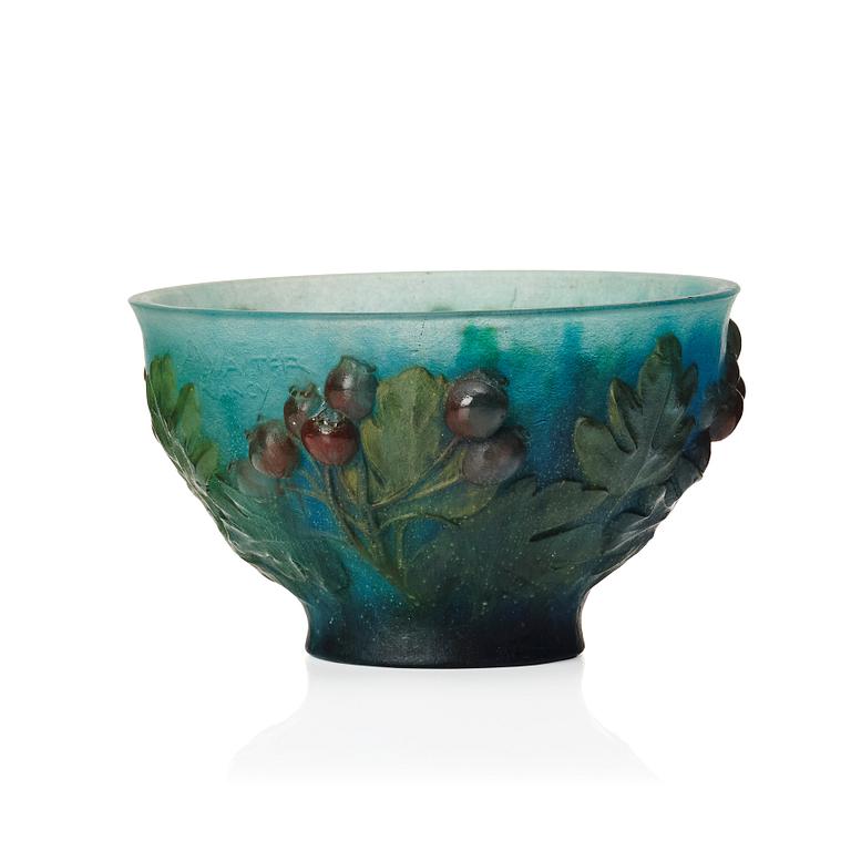 Amalric Walter & Henri Bergé, a pâte de verre bowl decorated with 'Sorbus intermeida' (latin), Nancy France 1920s.