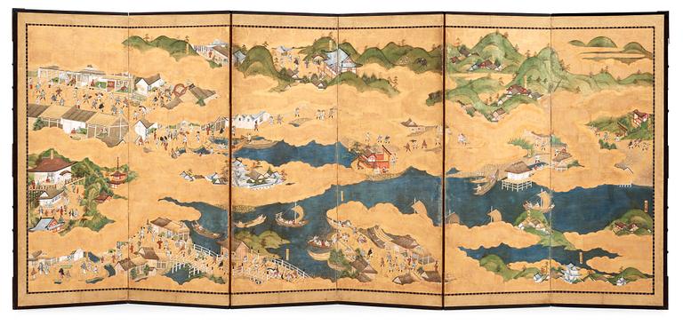 A Japanese six fold screen, Edo period (1603-1868).