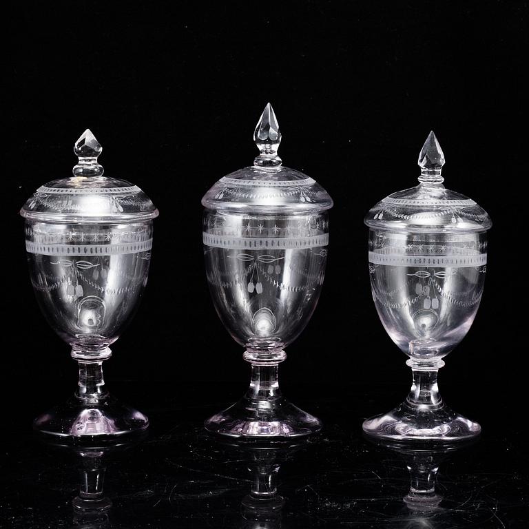 3 swedish glasses, gustavian style, circa 1900.