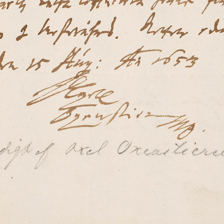 AXEL OXENSTIERNA (1583 - 1644), egenhändigt brev med namnteckning.