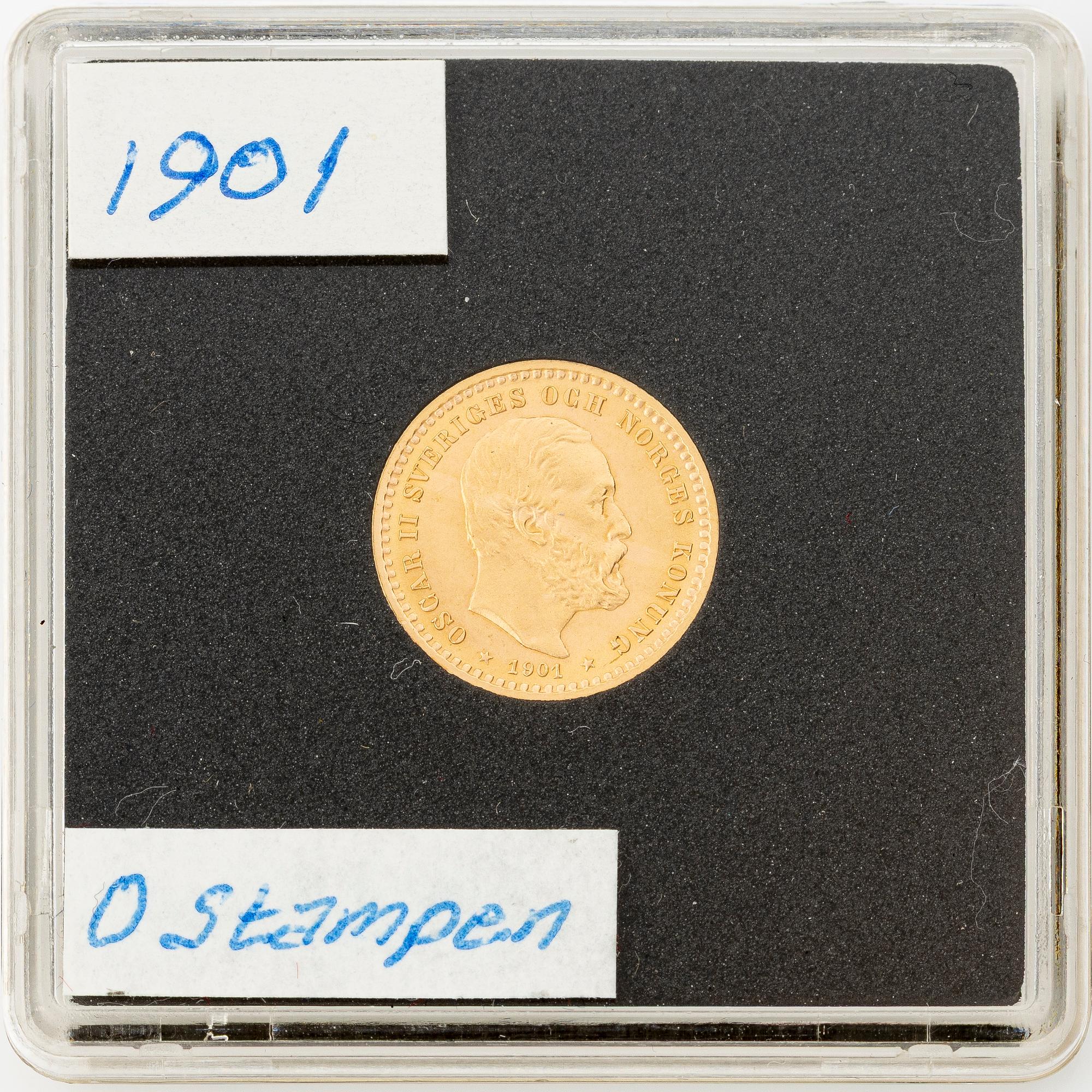 Gold coin, Oscar II, 5 kronor, type II, Sweden 1901.