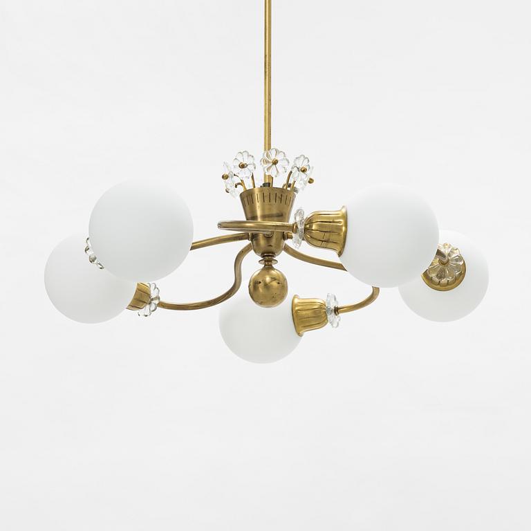 A brass and glass ceiling light, mid 20th Century.