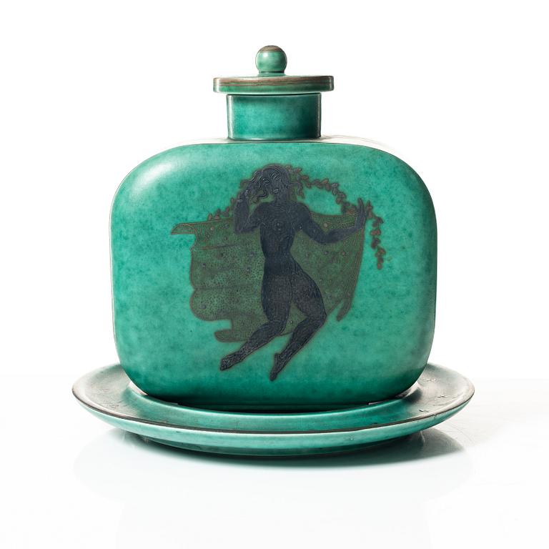 Wilhelm Kåge, an 'Argenta' lidded vase and a plate, Gustavsberg.