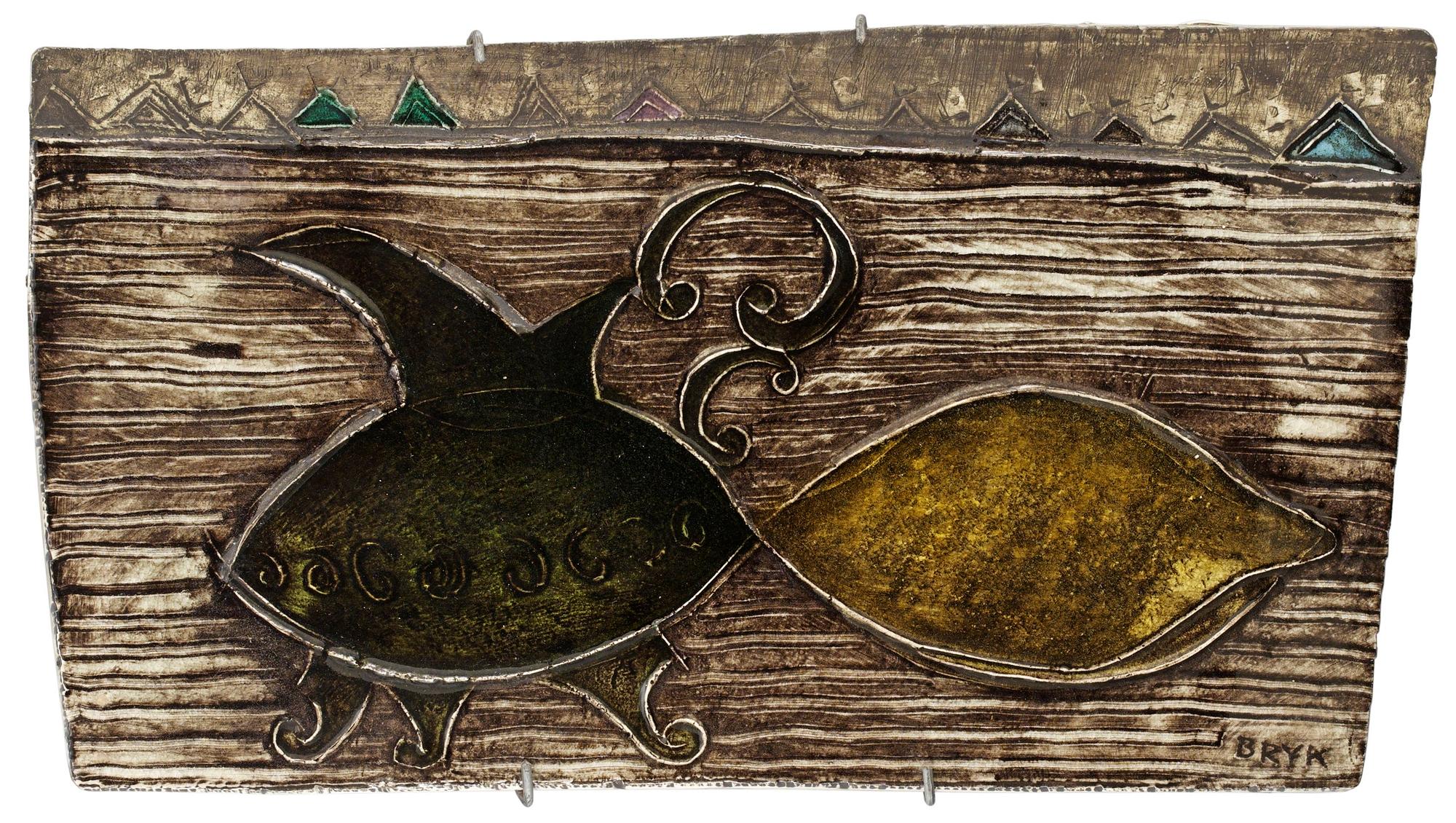 A Rut Bryk stoneware relief, Arabia, Finland.