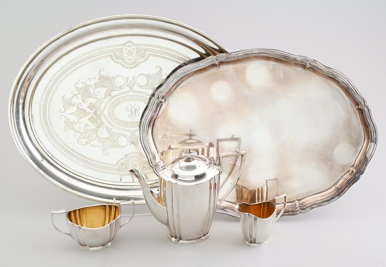 KAFFESERVIS, 3 delar samt BRICKOR, 2 st, nysilver, en märkt Dufva, 1900-talets första hälft.