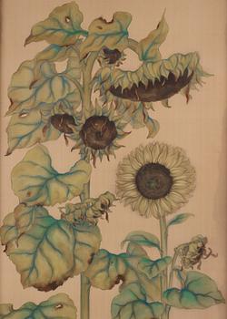 A Silk painting of sunflowers by unidentified artist, early 20th Century.