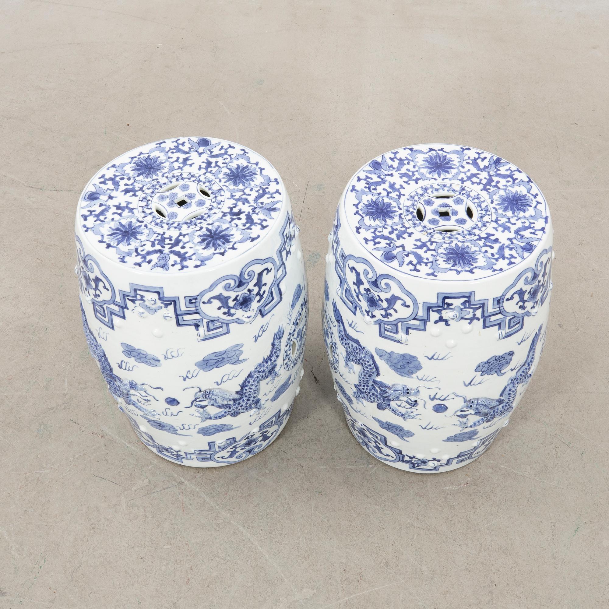 A pair of Chinese blue and white garden stools, 20th century.