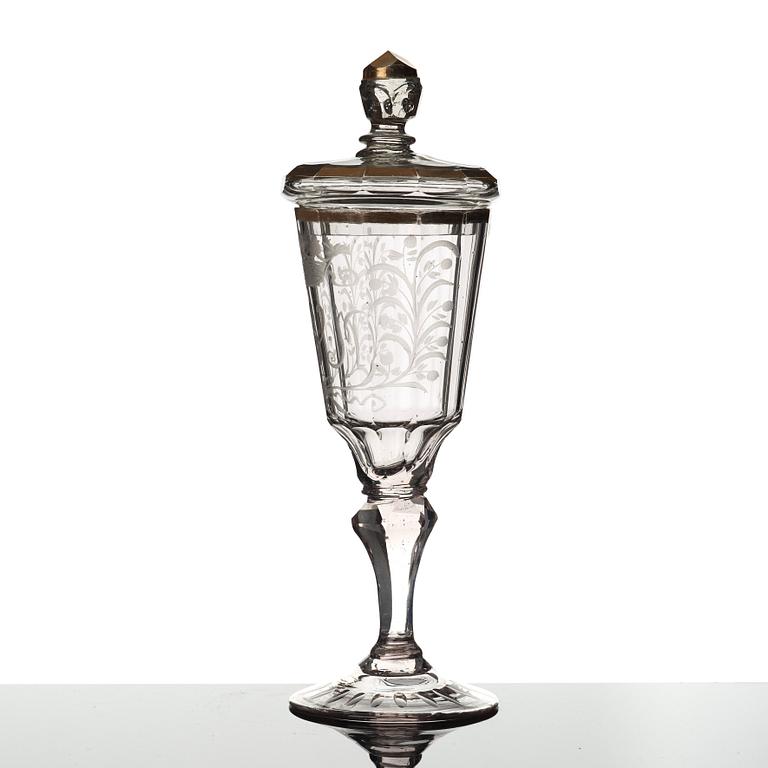 A Geman cut glass goblet with cover, 18th Century.