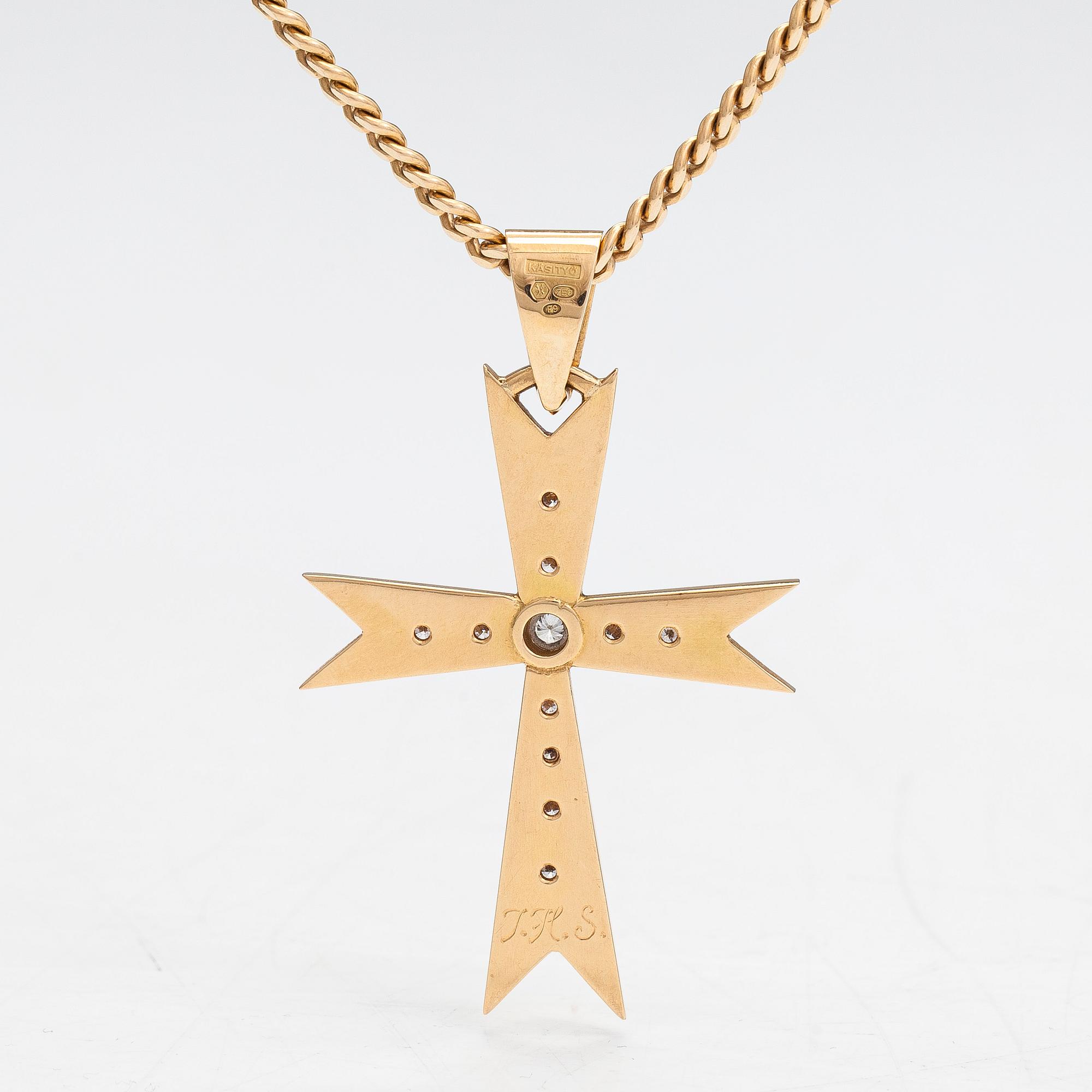 Necklace, cross, 18K/14K gold with diamonds totaling approx. 0.55 ct, Finland 1971/2007.