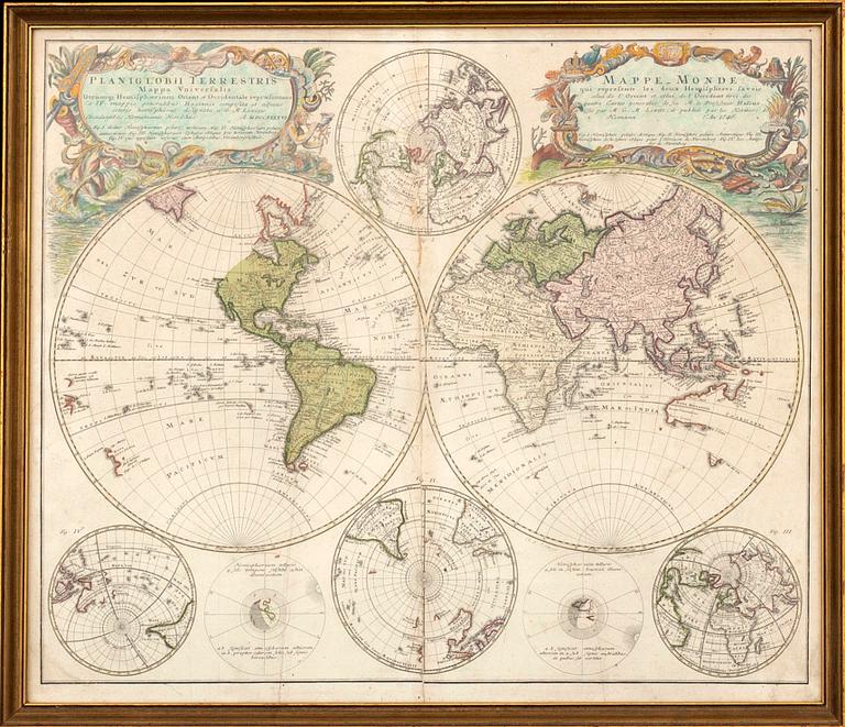 Map of the world, hand colored engraving, Homann Heirs, Nürnberg 1746.