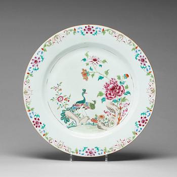 647. A famille rose 'double peacock' dish, Qing dynasty, Qianlong (1736-95).