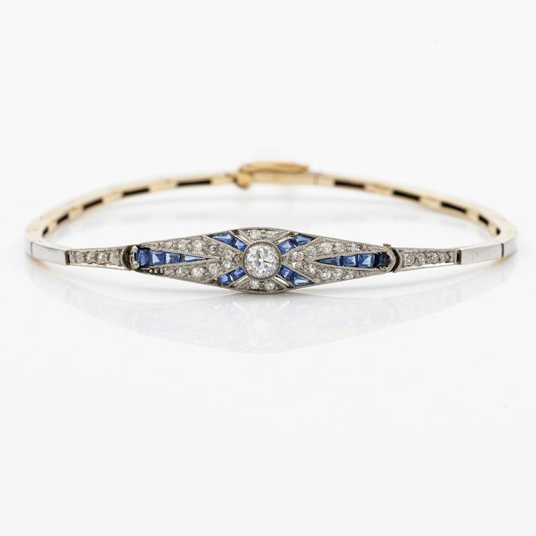 Armband 14K guld och platina med gammalslipade diamanter och safirer, art déco.
