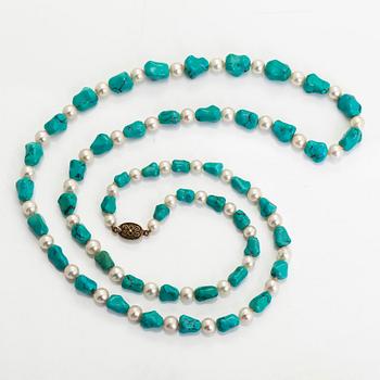 A cultured pearl and turquoise necklace.