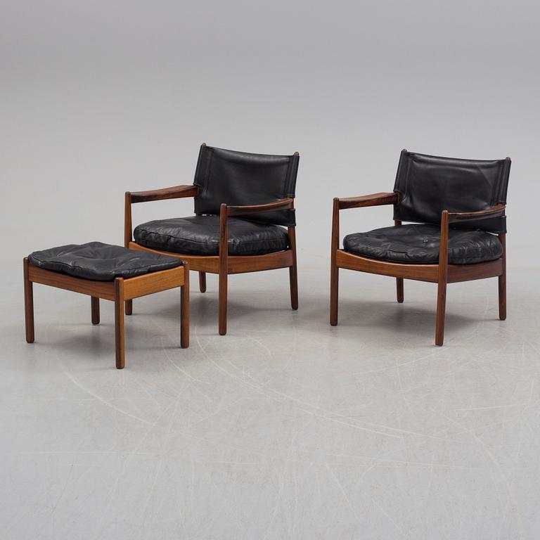 GUNNAR MYRSTRAND, fåtöljer, ett par, samt fotpall, Källemo, 1960-tal. CITES-intyg.