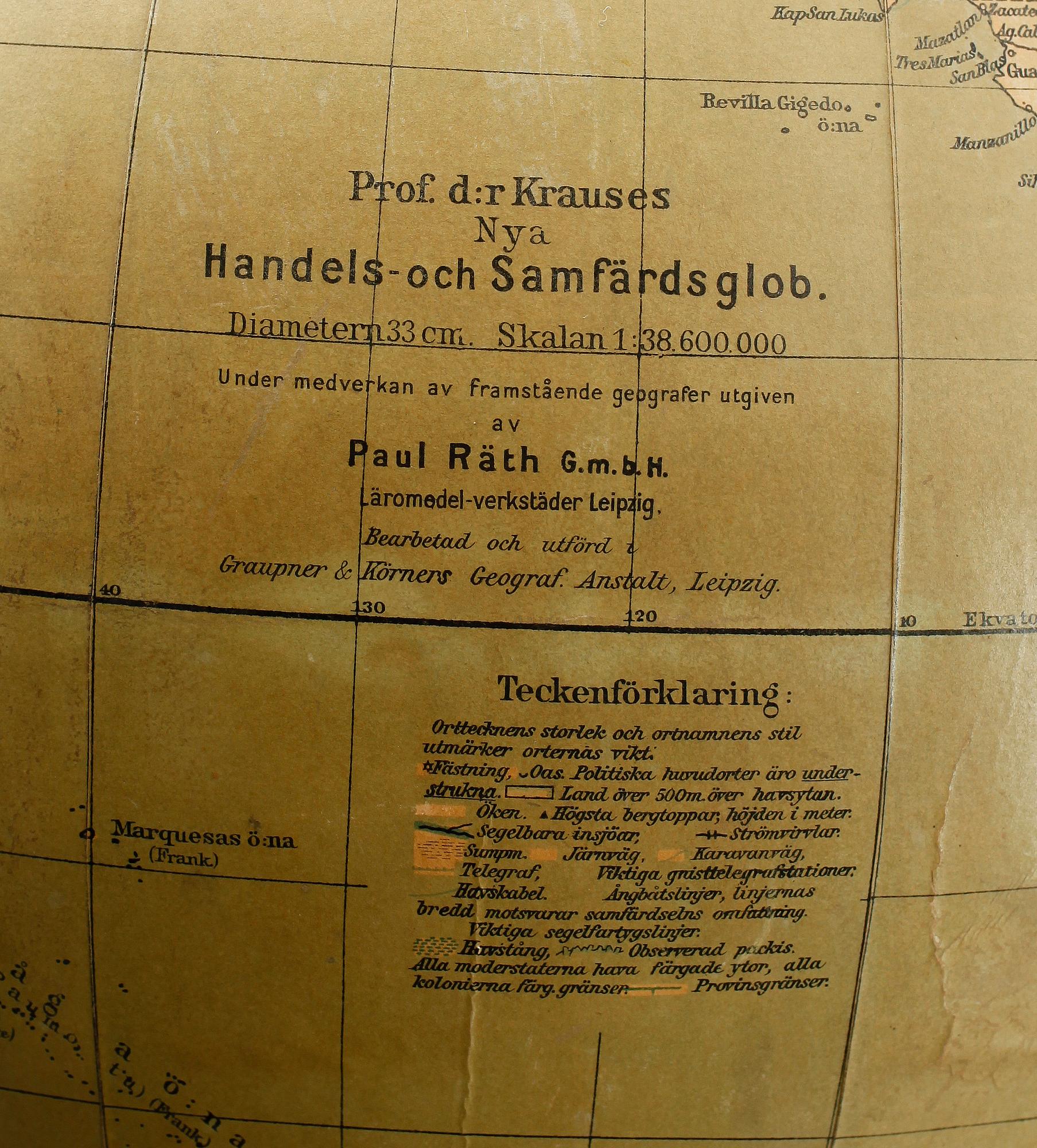 JORDGLOB, Dr. Krauses Handels- och Samfärdsglob, Leipzig, 1900-talets första hälft.