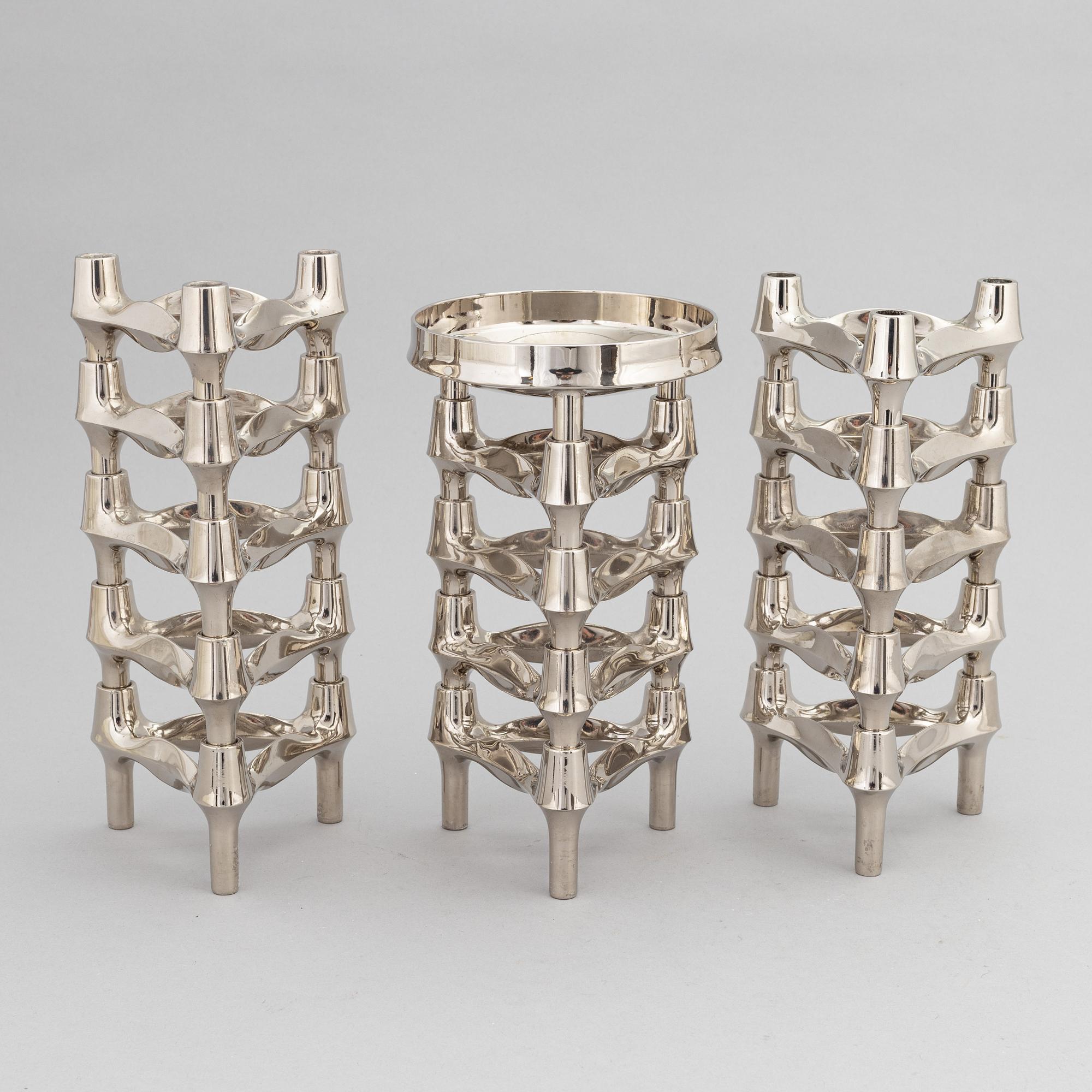 Caesar Stoffic & Fritz Nagel, ljusstakar, 14 st, samt skål, vitmetall, 1900-talets andra hälft.