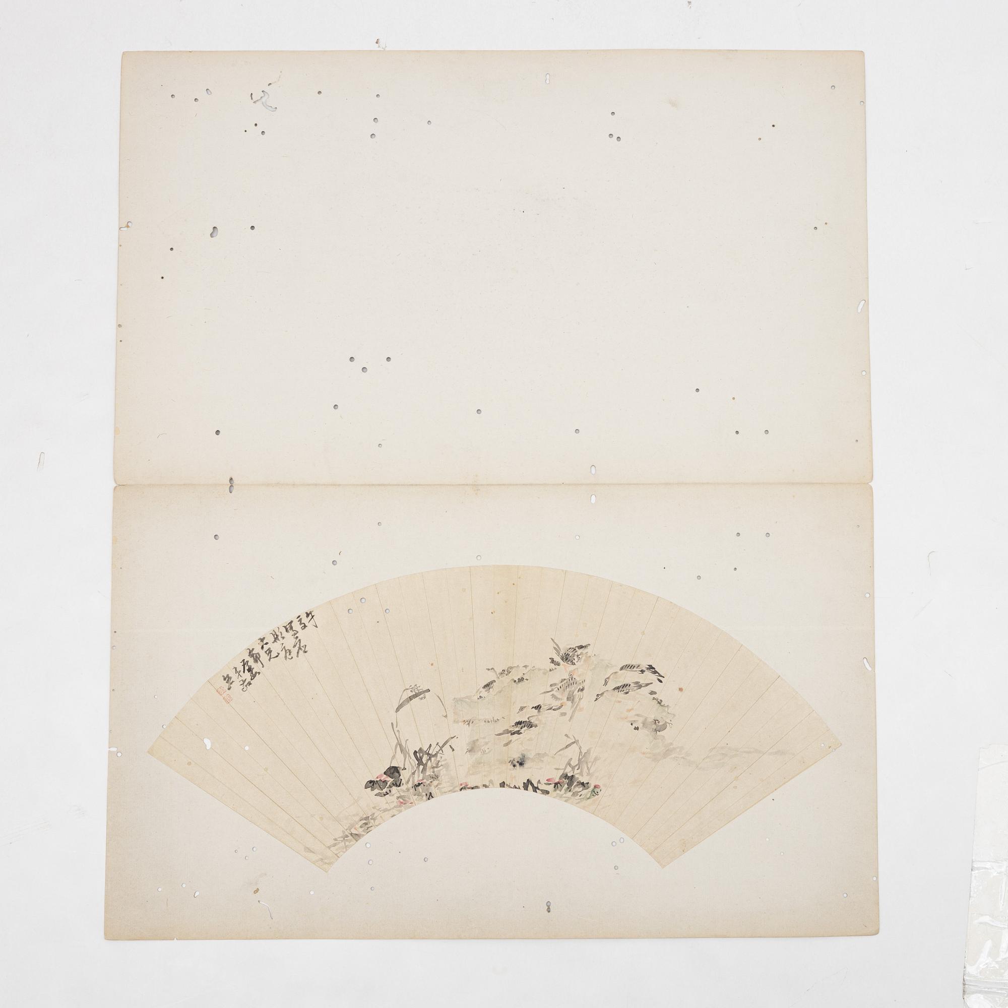 Oidentifierad konstnär, s.k. "Solfjädersmålning", Betande gäss, Kina, 1900-tal.