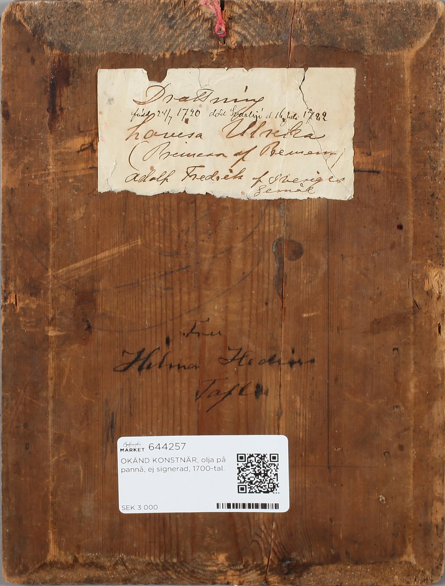 OKÄND KONSTNÄR, olja på pannå, ej signerad, 1700-tal.