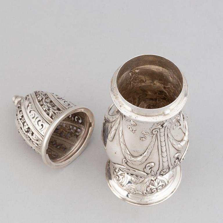 A French 19th/20th century silver sugar-caster. Rococo-style.