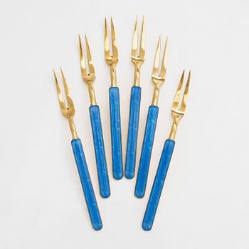 Tillander, six cocktail/serving forks, enamel and gilded silver (916), Helsinki, 1950.