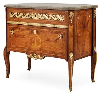 A Gustavian commode by Gottlieb Iwersson, signed and dated 1781, with the alliance crest of Lilliesvärd-Hummerhielm.
