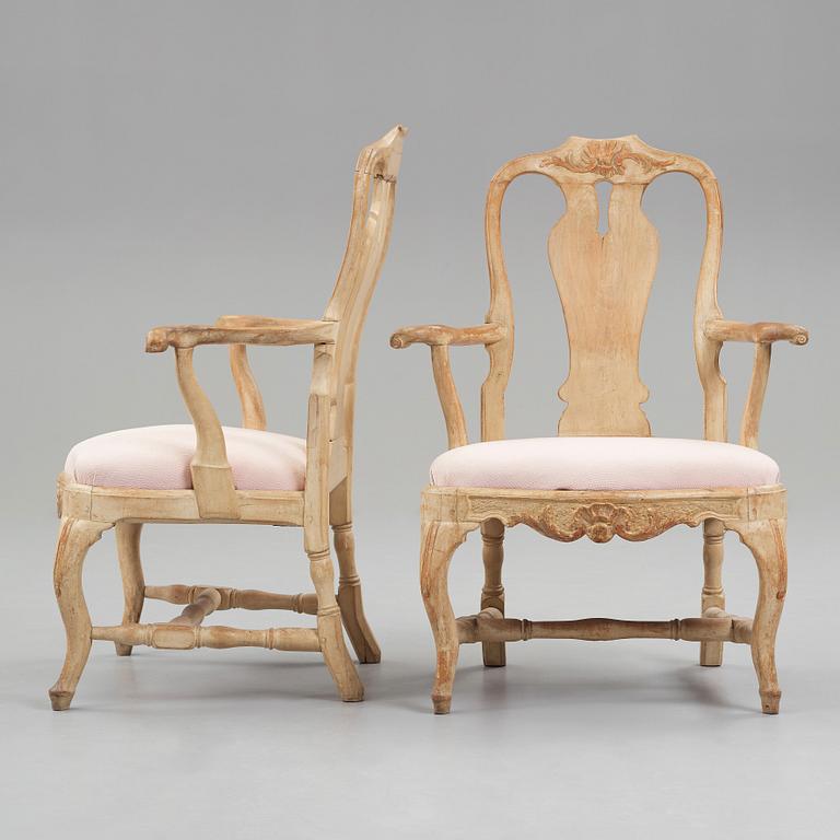 A pair of Swedish Rococo 18th century armchairs.