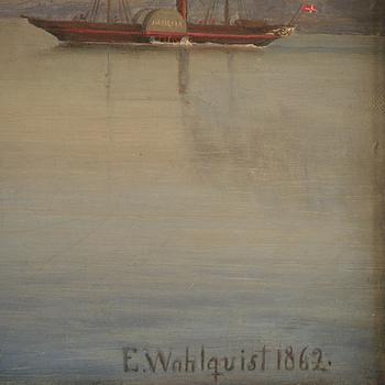 Ehrnfried Wahlqvist Warship at anchor in calm waters by Kronborg Castle.
