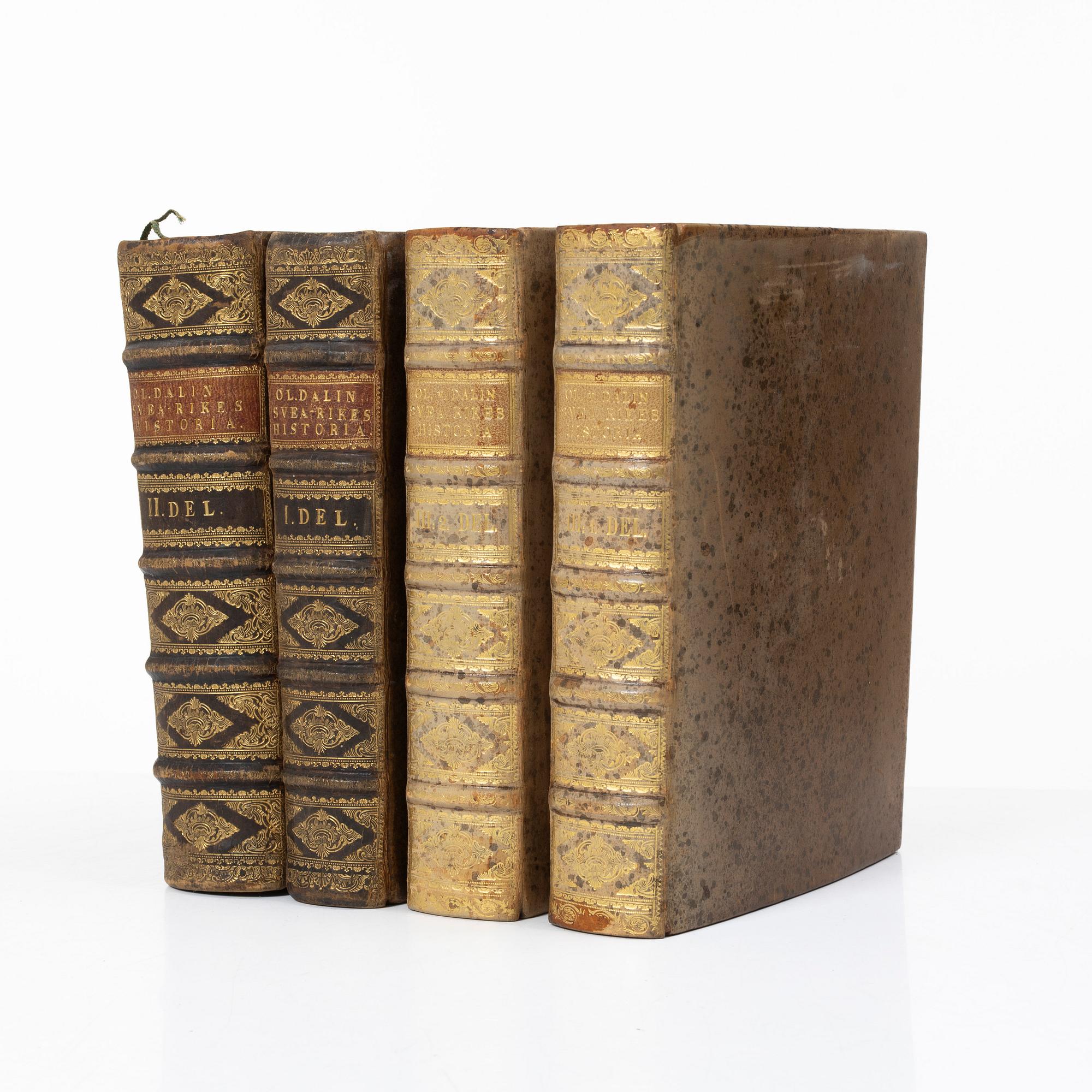 Books, four volumes,'Svea Rikes Historia', Olof Dalin, Lars Salvius, Stockholm, 1747-62.