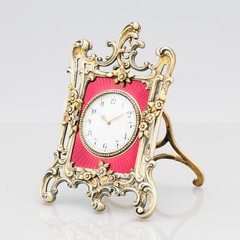 A Fabergé, Nobel family, jewelled, silver-gilt, guilloché enamel desk clock, workmaster Michael Perchin, St Petersburg.
