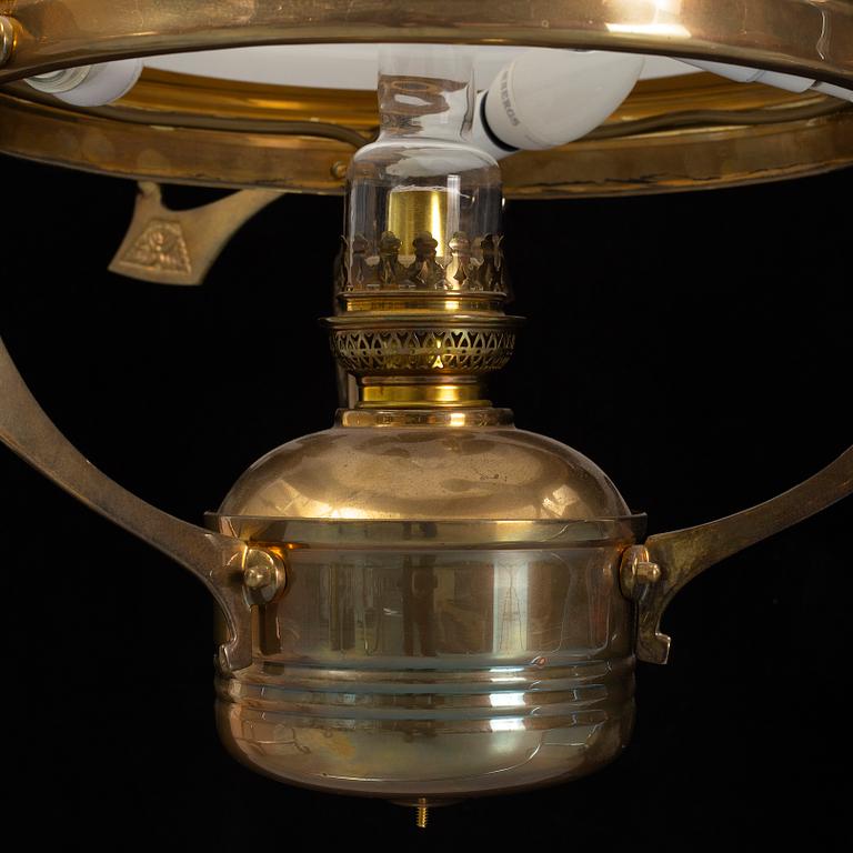A brass paraffine pendant lamp, late 20th Century.