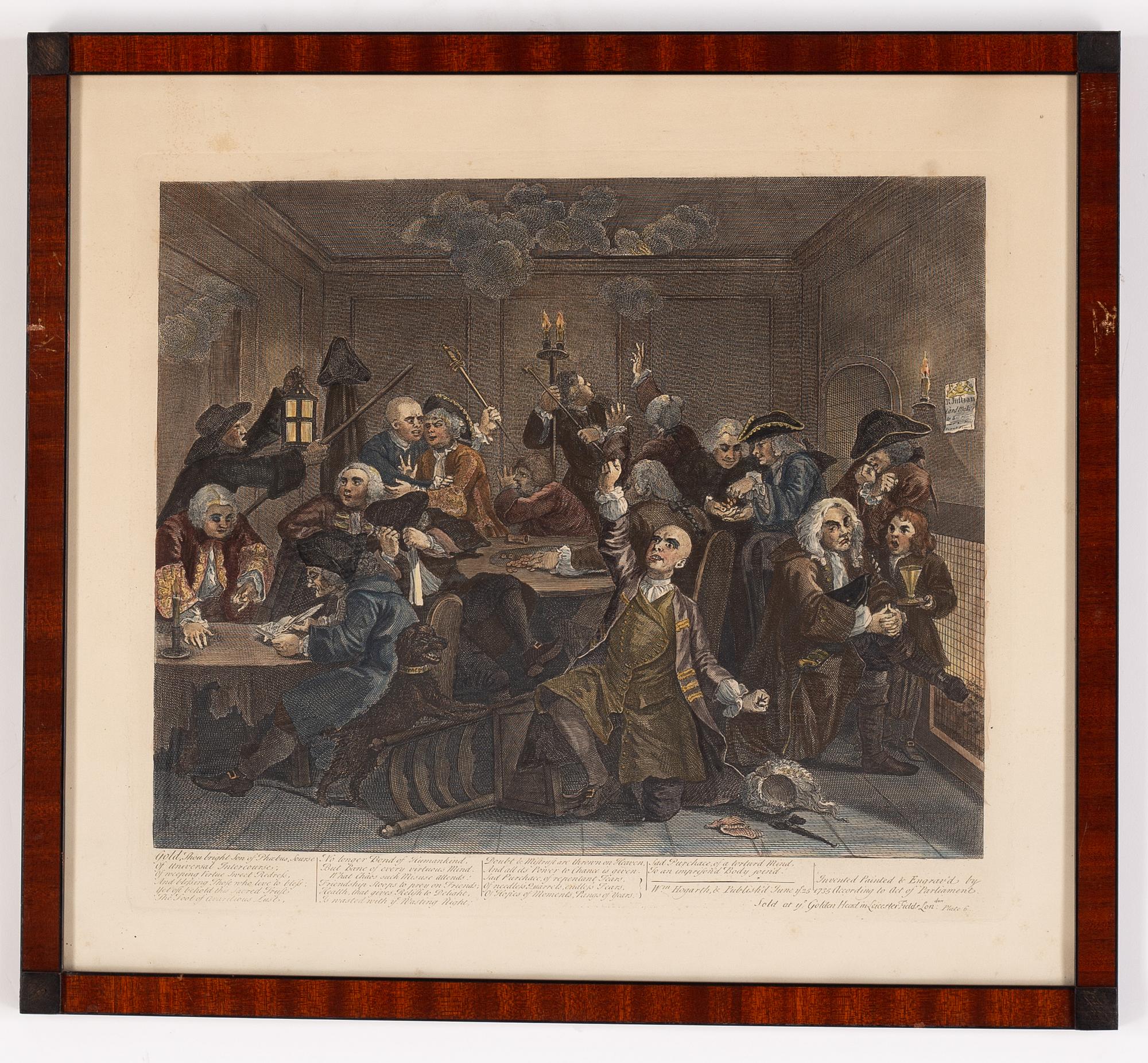 William Hogarth, efter, åtta stycken kolorerade etsningar och gravyrer.