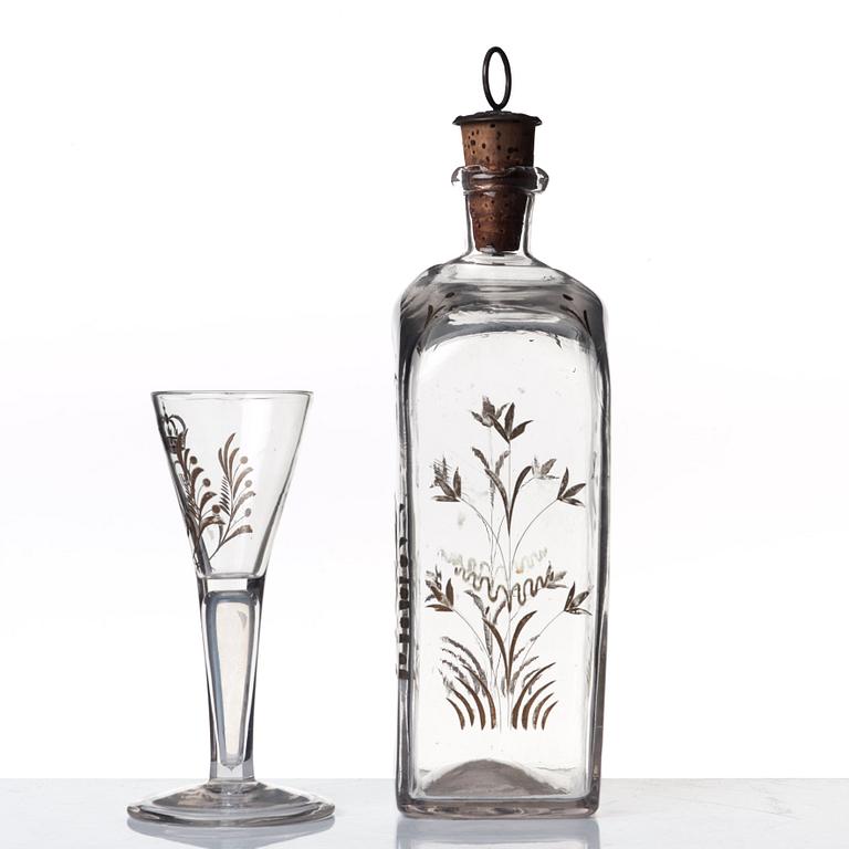 Plunta samt sex stycken spetsglas med Gustav IIIs monogram, Sverige, 1700-tal.