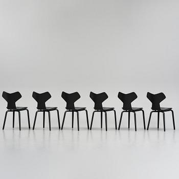 Arne Jacobsen, a set of six "Grand Prix" (Exclusive Edition Black) dining chairs, Fritz Hansen, 2021.
