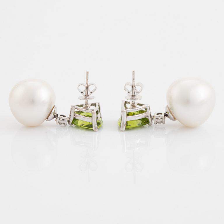 South sea pearl, peridot and brilliant cut diamond earrings.