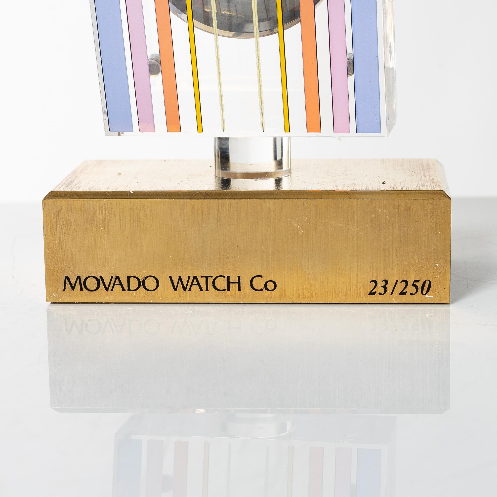 Yaacov Agam, Movado, "Rainbow", Two wrist watches, a table clock and a pocket watch.