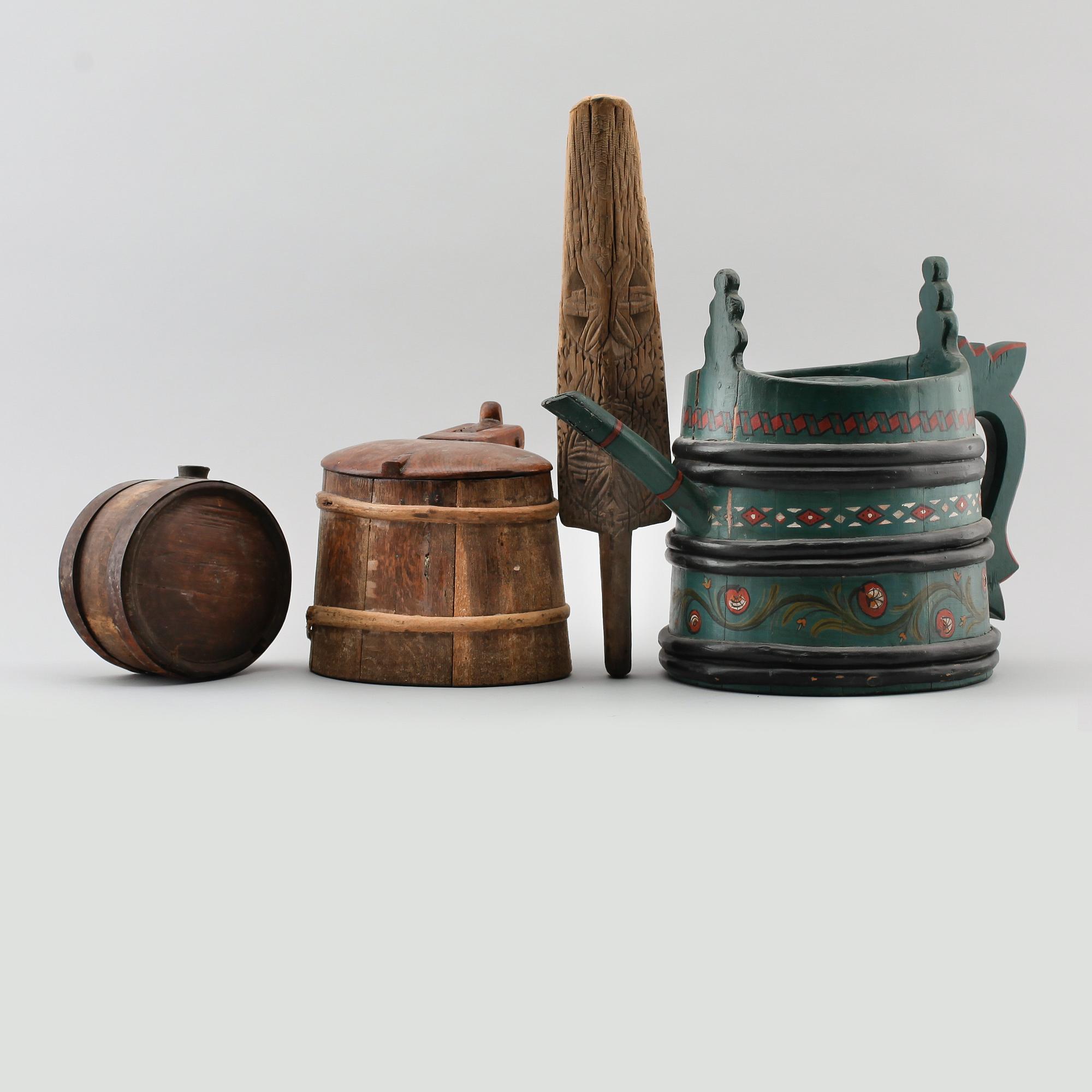 ALLMOGEFÖREMÅL, 4 delar, trä, 1800-tal.