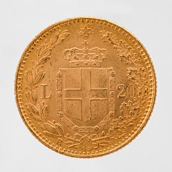 Coin, guld 21,6K (900), L 20 Italien 1882, vikt c 6,4 g.