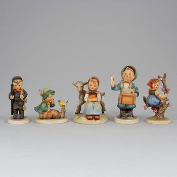 A lot of five M.I. Hummel porcelain figurines for Goebel, Germany, 1960-72.