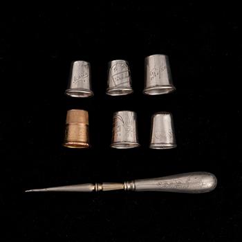 FINGERBORGAR, 6 st, och PIGG, silver, guld, bl a Helsingfors och Åbo 1920-30-tal. Vikt 33,5 g.