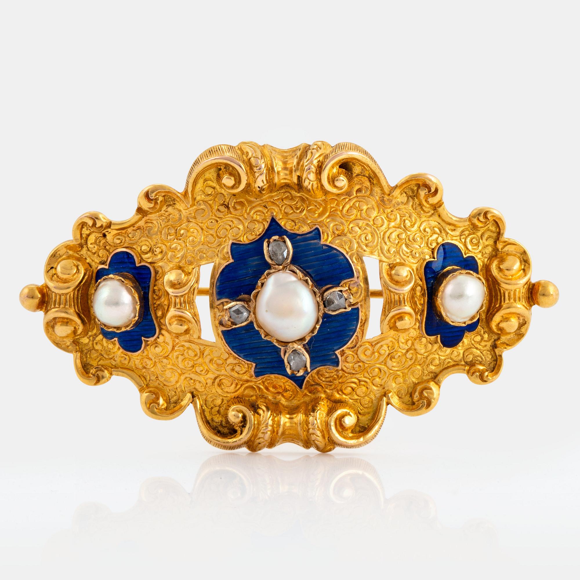 Brosch 18K guld med blå emalj samt pärlor och rosenslipade diamanter.