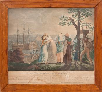 GRAFISKT TRYCK KOLORERAT, "Les adieux de Virginie". Gravör Duthé. 1800-talets första del