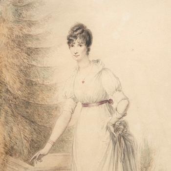 Unknown artist 19th century, Young woman by a staircase.