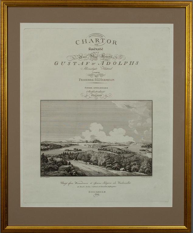 GRAVYR, J.F. Martin. Titelblad till "Chartor - Storfurstendömet Finland" S.G. Hermelin, Stockholm 1799.