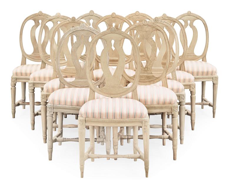 Twelve matched Gustavian late 18th century chairs.