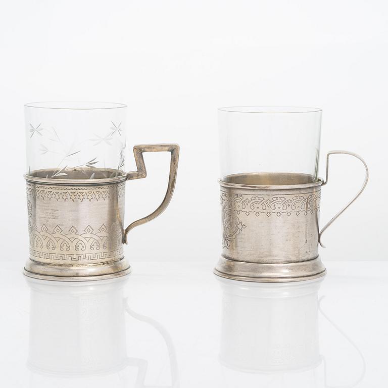 Two 19th-century silver tea glass holders, Moscow 1879 and 1894.