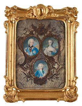 410. Niclas Lafrensen d.ä., Miniatyrporträtt av Adolf Fredrik, Lovisa Ulrika & Gustav III.